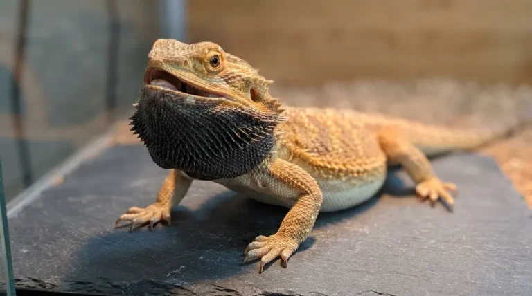 Bearded dragon mid-defensive display with a fully puffed black beard and open mouth, braced up on its front legs