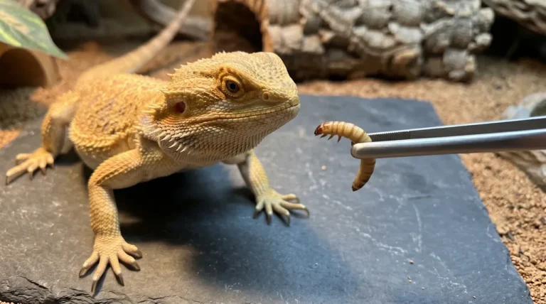 Adult bearded dragon fixed on a single superworm held in feeding tongs inside a natural enclosure