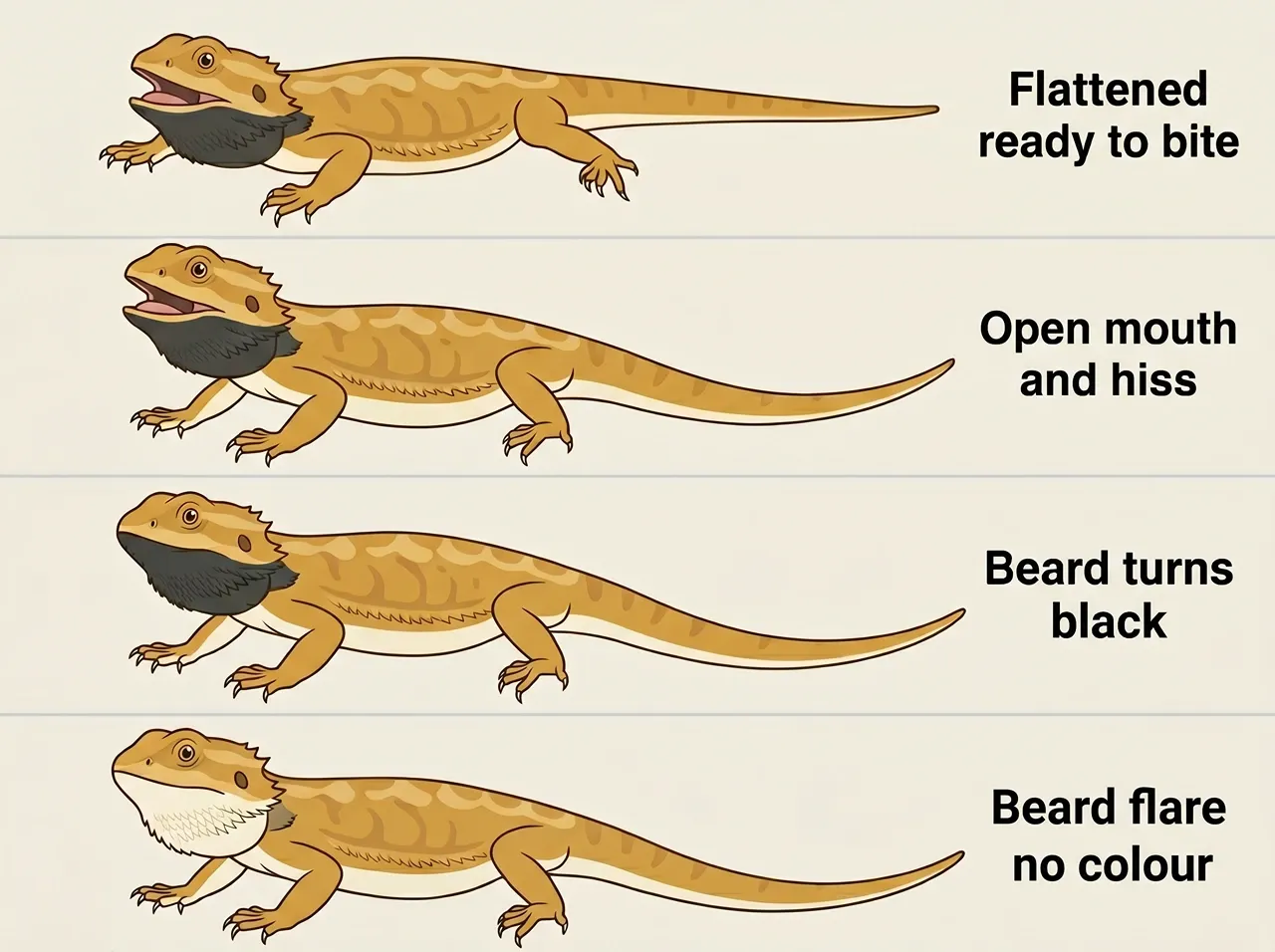Four-stage diagram of bearded dragon warning signs rising from a pale beard flare to a flattened, open-mouthed pre-bite posture