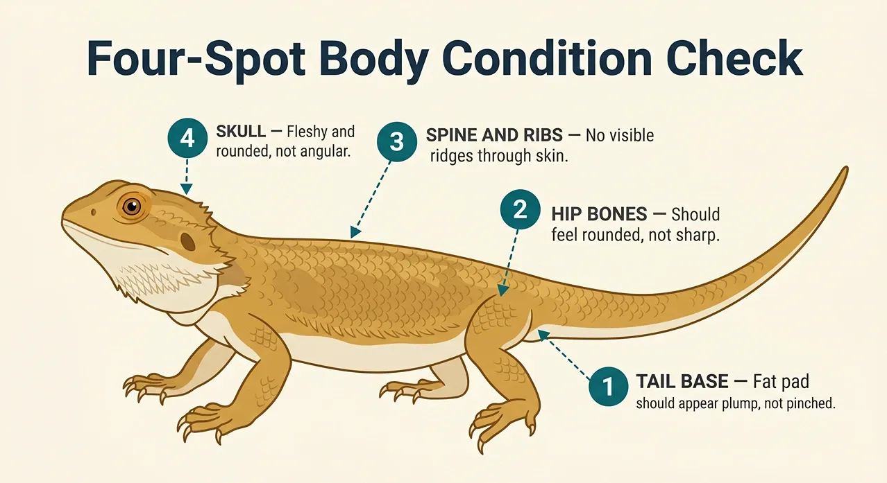 Bearded dragon body condition diagram marking four diagnostic spots owners should check during food refusal.