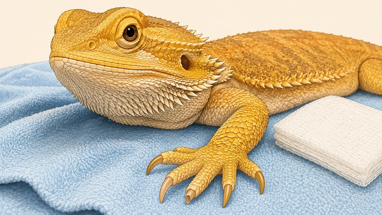 Calm bearded dragon resting on a pale blue towel with one front claw visibly snapped short, ready for first aid