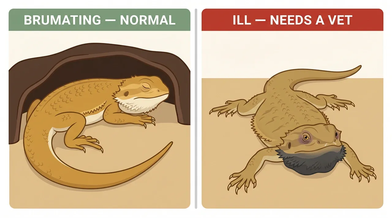 Comparison of a brumating bearded dragon resting in a hide versus an ill dragon with sunken eyes and a dark beard.