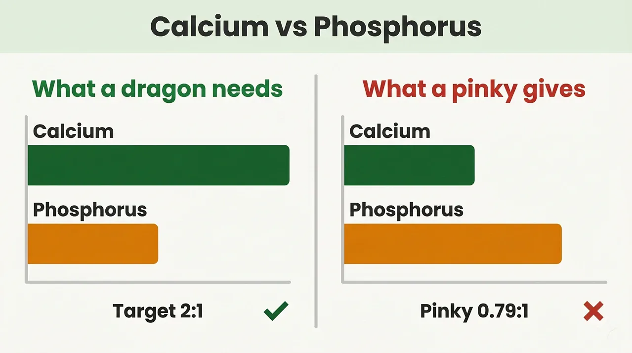 Bar chart showing a dragon needs more calcium than phosphorus while a pinky gives the reverse