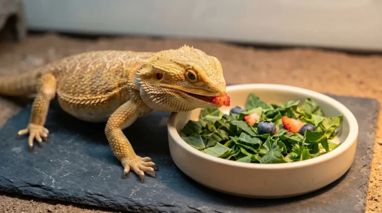 Healthy bearded dragon taking one piece of fruit from a dish of mostly leafy greens
