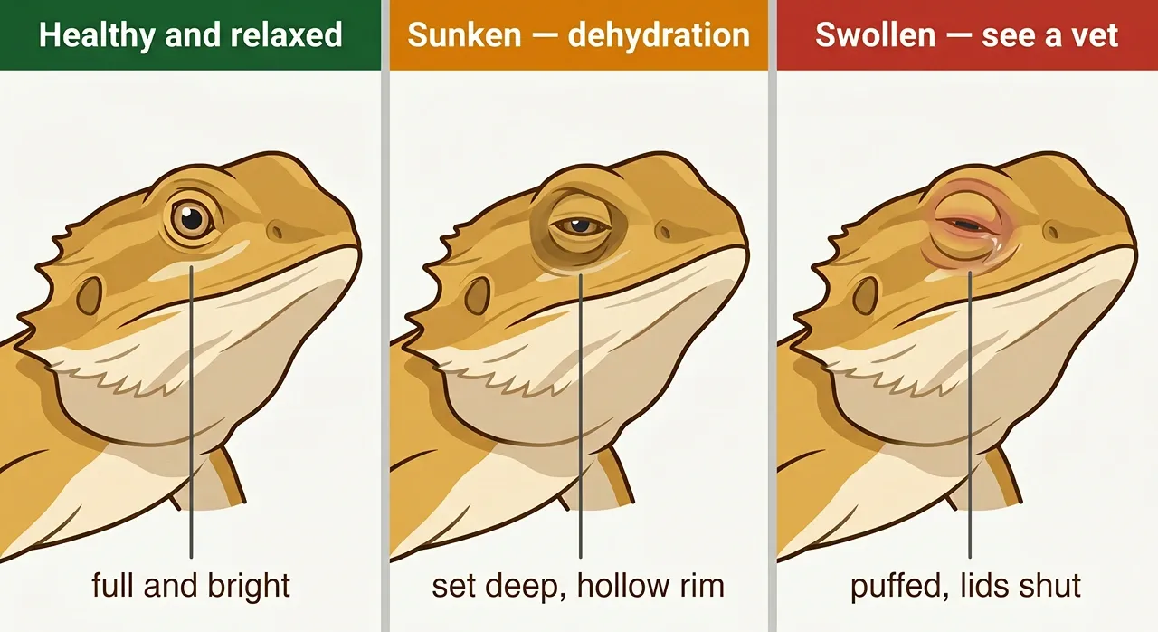 Illustrated comparison of a healthy bearded dragon eye, a sunken dehydrated eye, and a swollen infected eye