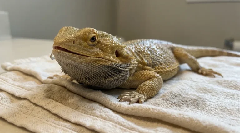 A damp adult bearded dragon resting on a towel with a clear water droplet on its nostril and a slightly darkened stress beard after a bath.