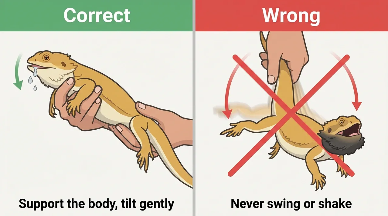 Two-panel diagram: a bearded dragon held in a supported head-down tilt to drain water, beside the wrong swinging motion