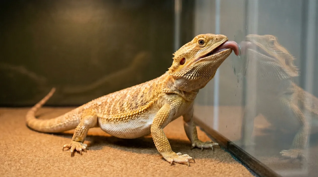Healthy bearded dragon dabbing its tongue against the inside of the glass in calm exploration