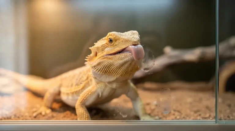 Healthy bearded dragon pressing its tongue to the enclosure glass in calm exploratory licking