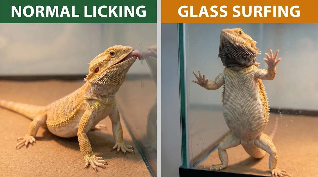 Comparison of a bearded dragon calmly licking the glass beside the same dragon reared up glass surfing