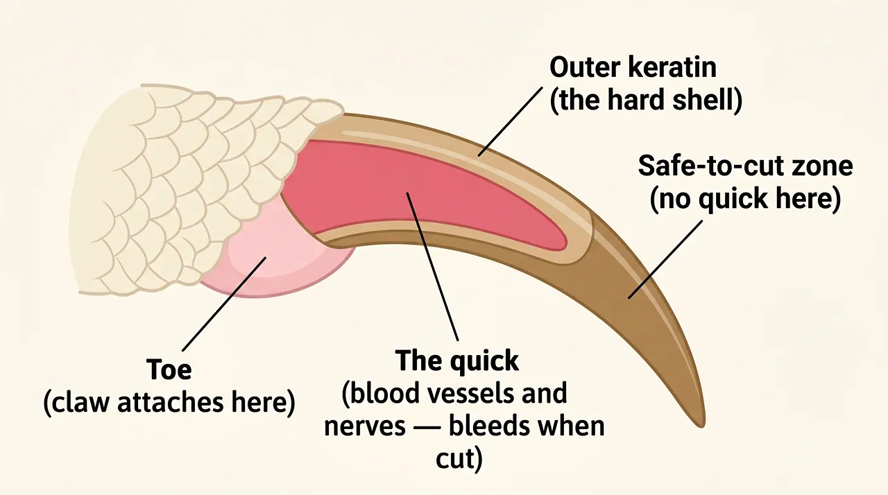 Labelled diagram showing the quick inside a bearded dragon claw and the safe-to-cut zone beyond it