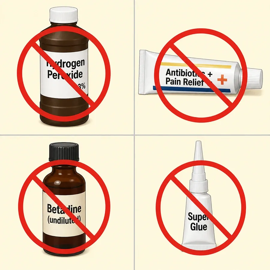 Warning chart of hydrogen peroxide, antibiotic with pain relief, undiluted Betadine and super glue marked unsafe