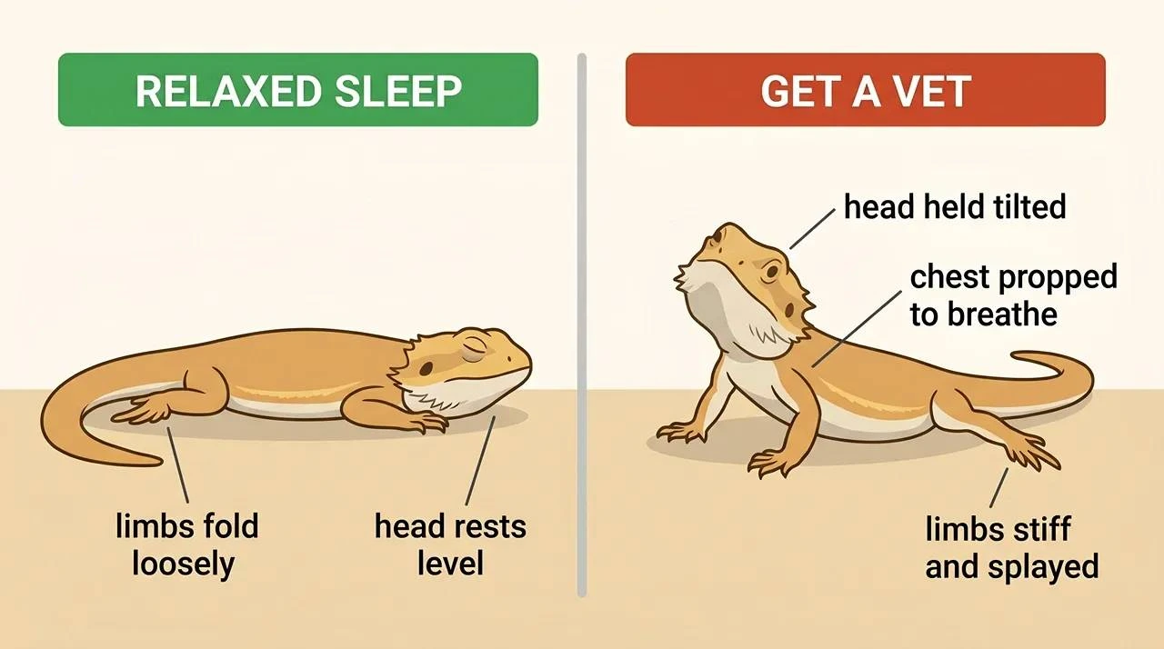 Comparison of a relaxed sleeping bearded dragon beside one with a tilted head, propped chest and stiff limbs needing a vet
