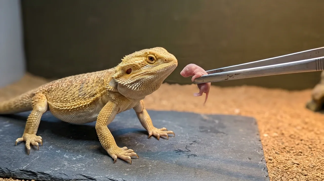 Healthy adult bearded dragon reaching for a single pinky mouse offered on feeding tongs