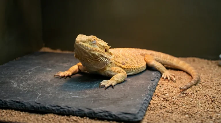 Bearded dragon resting on slate with one eye closed and the other open while basking