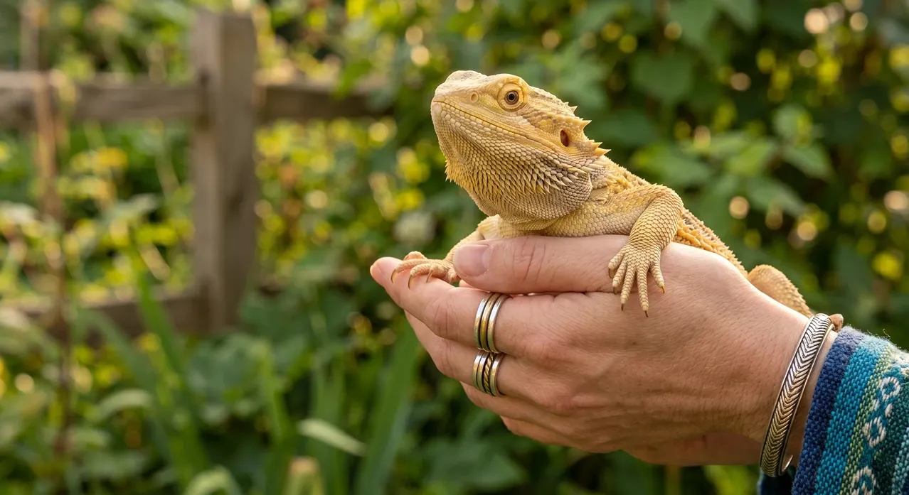 A person's hands gently holding a calm, yellow bearded dragon outdoors against a softly blurred background of green foliage and a wooden fence.