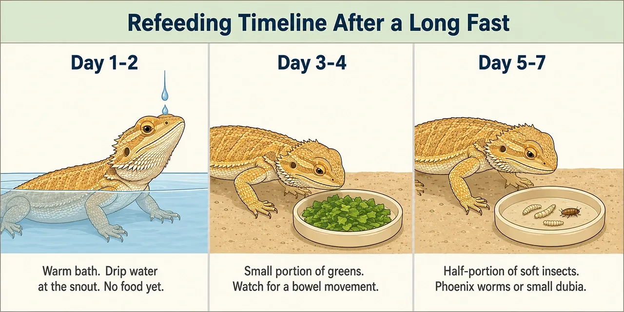 Three-panel illustrated timeline showing how to refeed a bearded dragon after a long fast with hydration, greens, then soft insects.