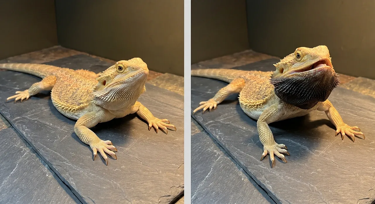 Relaxed bearded dragon with flat pale beard beside the same dragon stressed with a puffed black beard and open mouth
