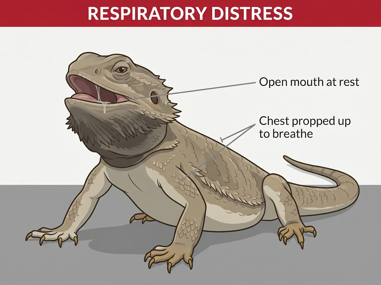Sick bearded dragon gaping with its mouth open at rest and chest propped up, showing respiratory distress warning signs