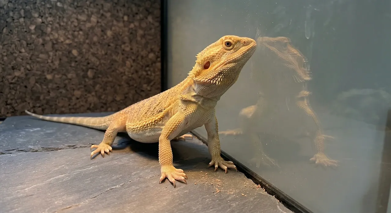 Bearded dragon facing its own reflection in the vivarium glass, standing on slate tile with cork bark background