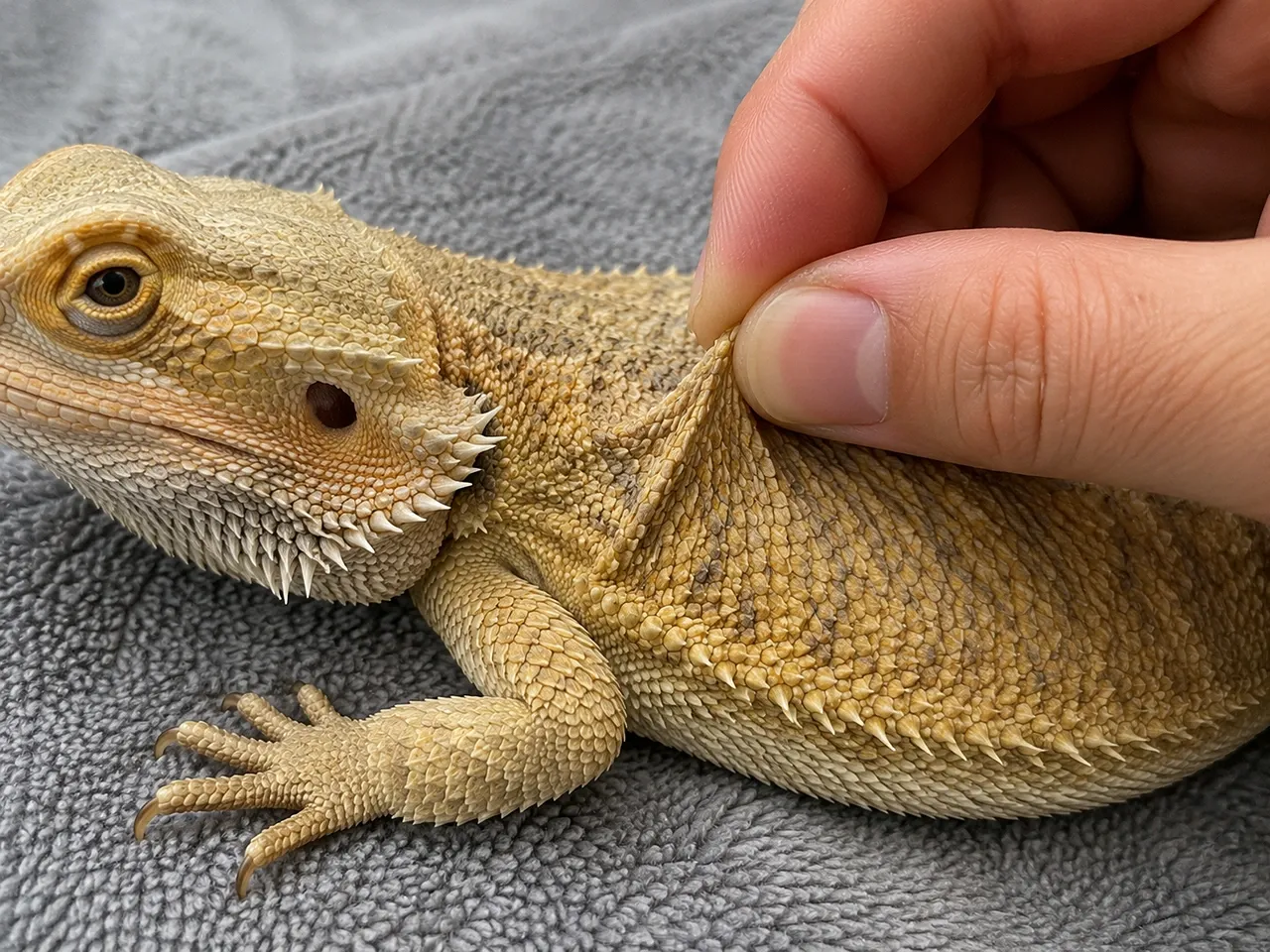 Keeper gently pinching a fold of skin on a bearded dragon's flank to perform the dehydration tent test.