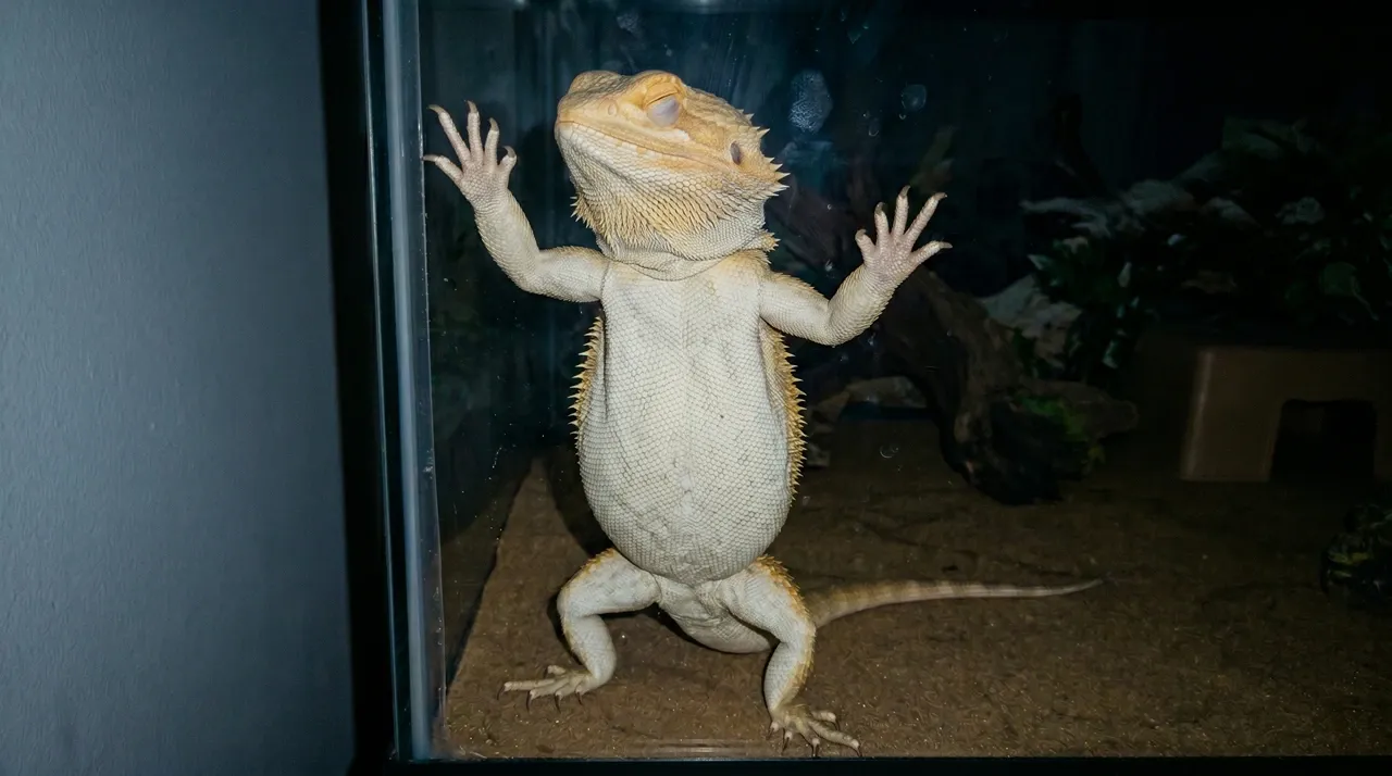 Bearded dragon asleep upright against the glass at night with a relaxed pale beard and closed eyes
