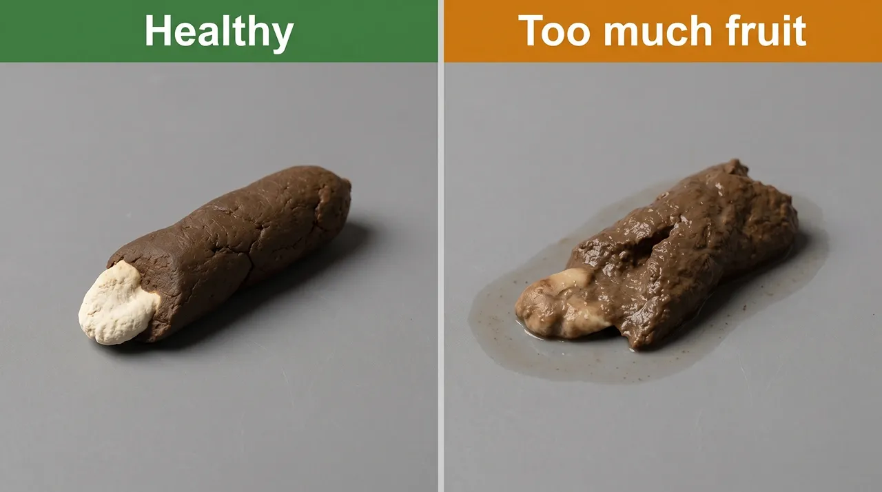 Comparison of firm healthy bearded dragon stool beside loose wet stool caused by too much fruit
