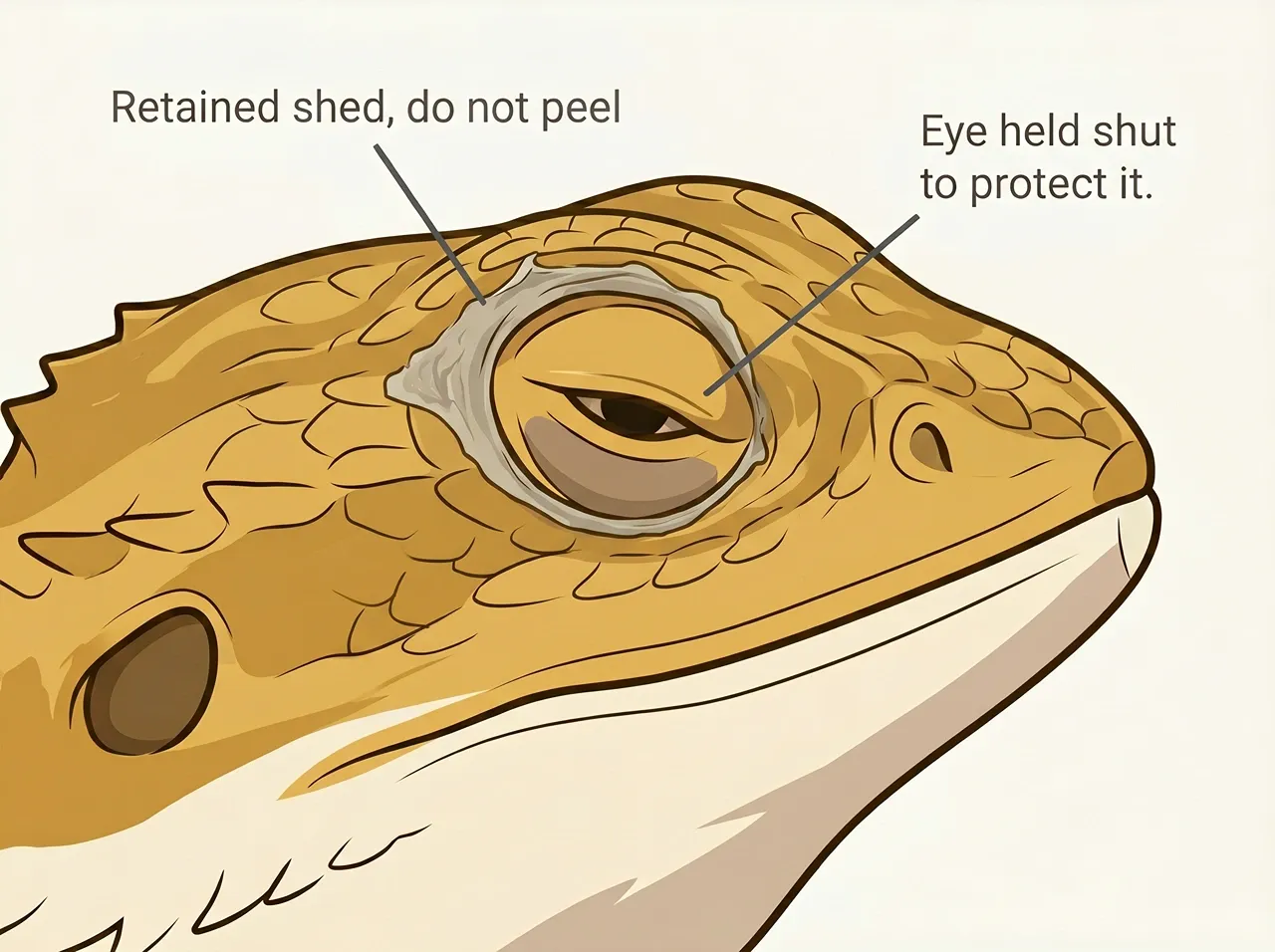 Close-up of retained shed skin around a bearded dragon's eye, held half shut to protect it