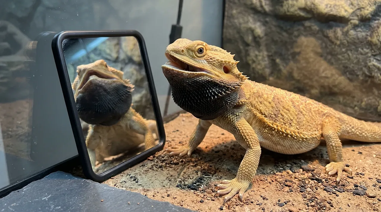 Bearded dragon with a puffed black beard and open mouth threatening its own reflection in a mirror inside the enclosure