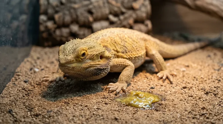 Subdued off-colour bearded dragon lying low beside a small mound of bile-stained vomit on substrate