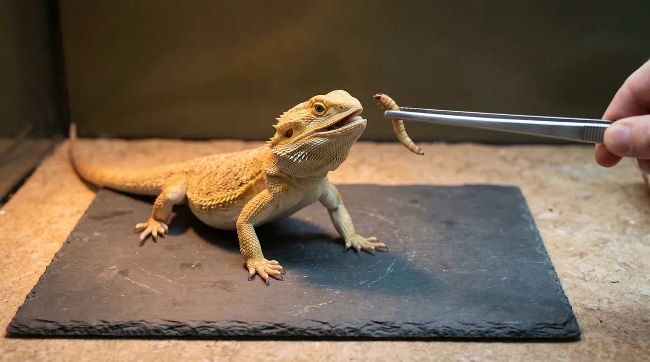 Adult bearded dragon taking a superworm from feeding tong tips with the keeper's hand held safely back