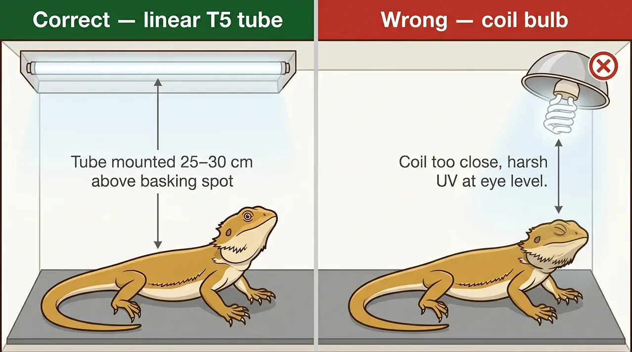 Comparison of a correct linear T5 UVB tube and an incorrect coil bulb above a bearded dragon basking