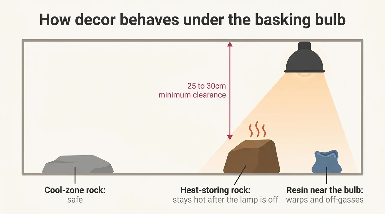 Diagram showing cool-zone rock, heat-storing rock, and warping resin under a vivarium basking bulb