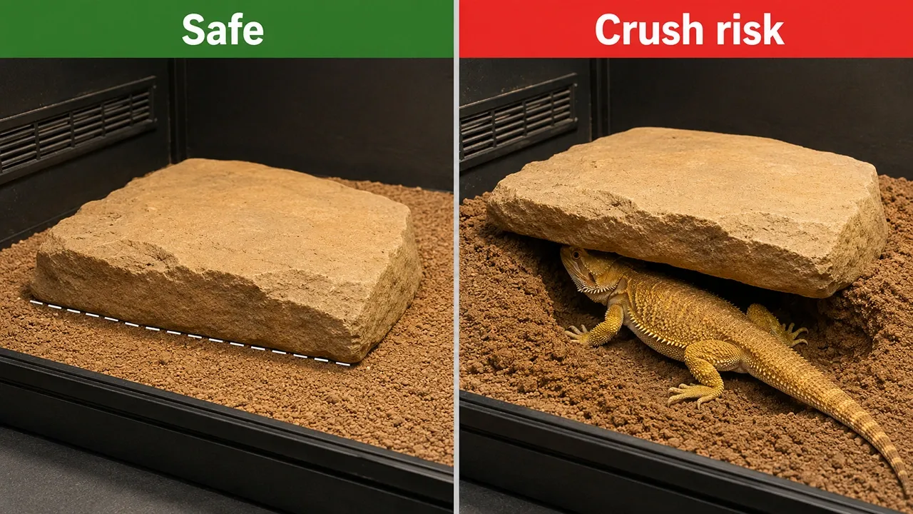 Comparison of a floor-mounted vivarium rock beside a rock balanced on substrate over a digging bearded dragon
