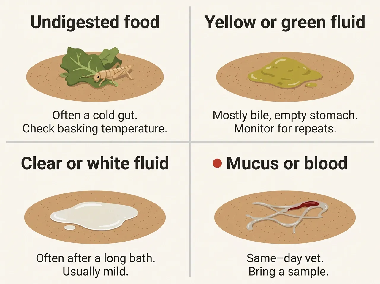 Reference chart matching four bearded dragon vomit types to their likely cause and the right action to take