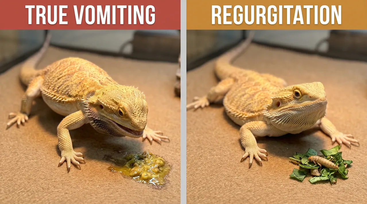 Bearded dragon arching to vomit bile-stained food beside a calm dragon next to intact regurgitated greens