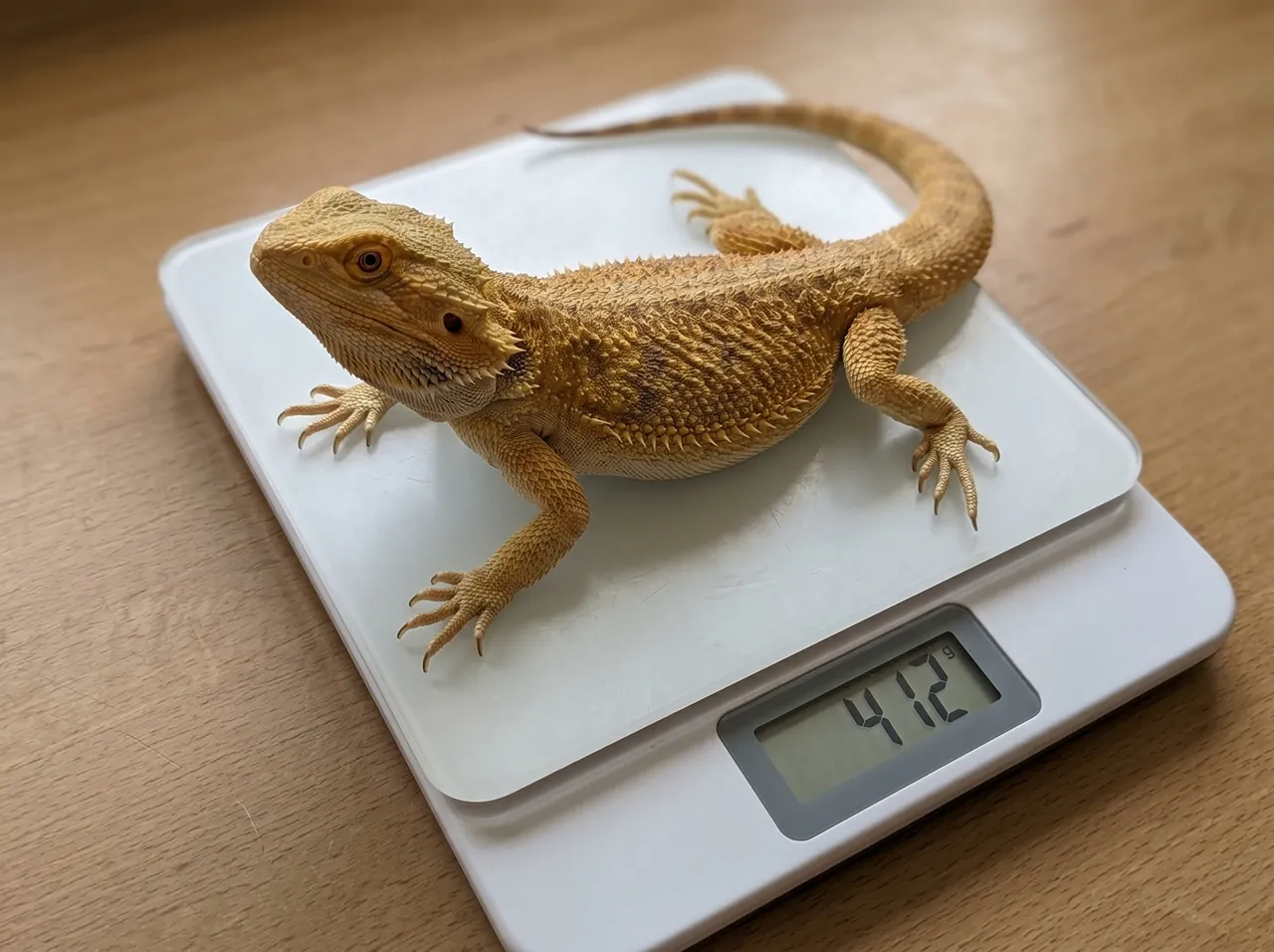 Adult bearded dragon resting calmly on a digital kitchen scale showing a weight reading of 412 grams.