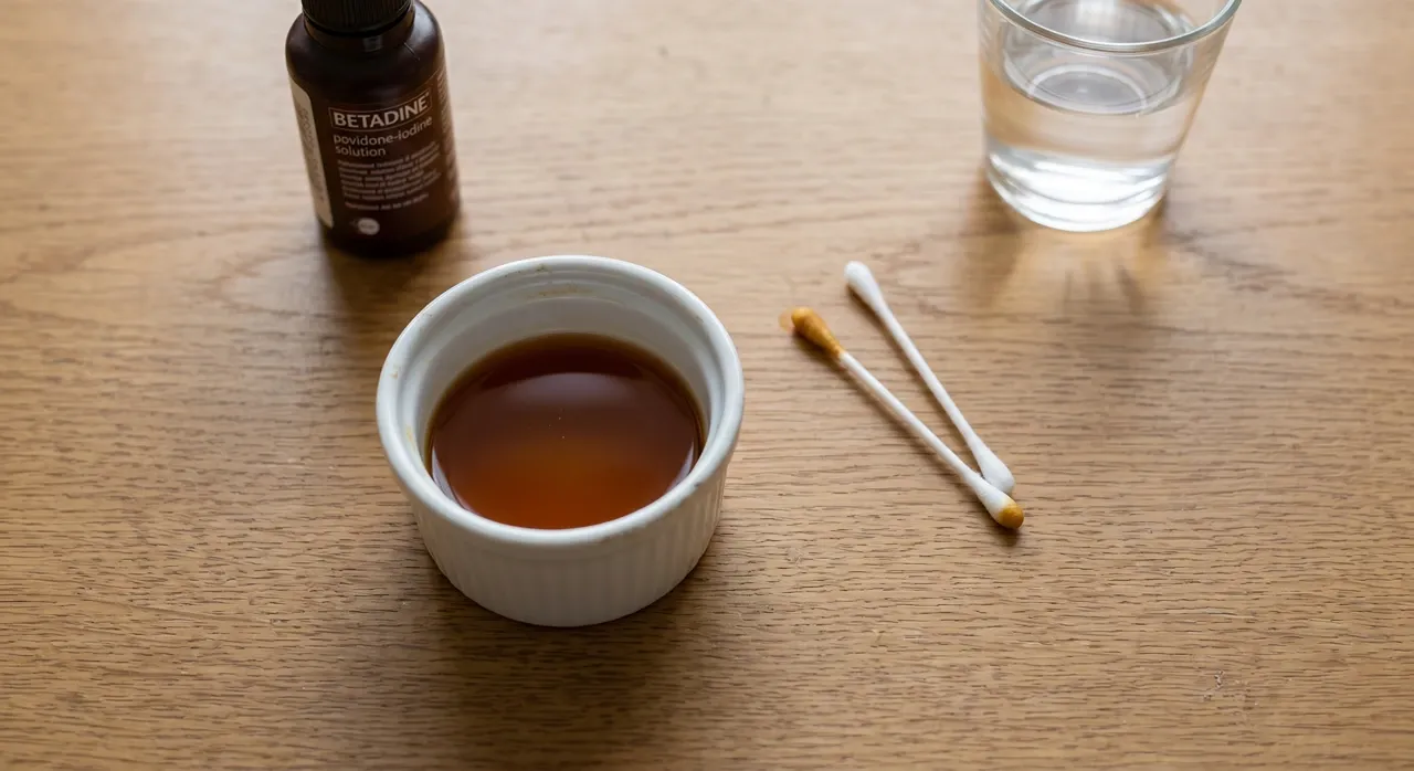 Diluted Betadine solution in a white ramekin beside used cotton buds and water glass on a wooden surface