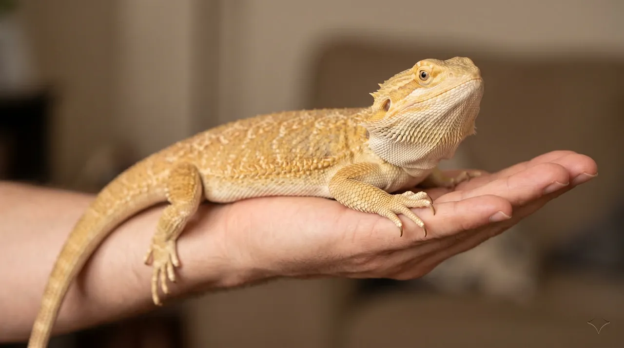 Relaxed adult bearded dragon with a flat pale beard resting calmly on a person's open hand during handling