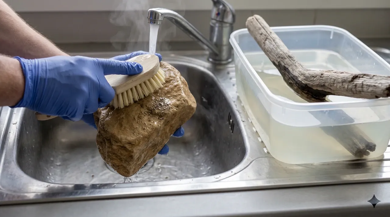 Gloved hands scrubbing a found rock under hot water beside a bleach-solution soak with driftwood