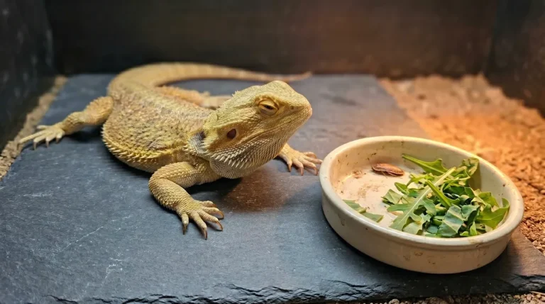 Adult bearded dragon resting on a slate tile beside a small food dish of untouched greens and a single roach.