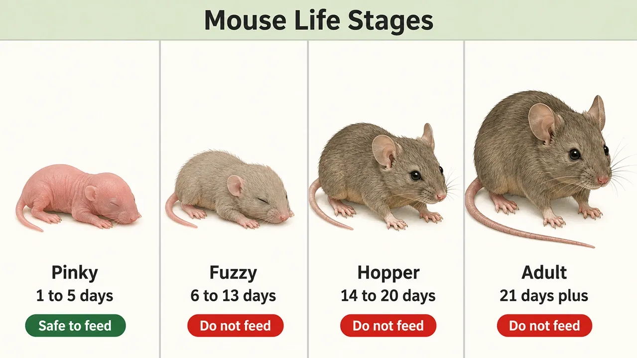 Mouse life stage chart showing only the hairless pinky is safe to feed a bearded dragon