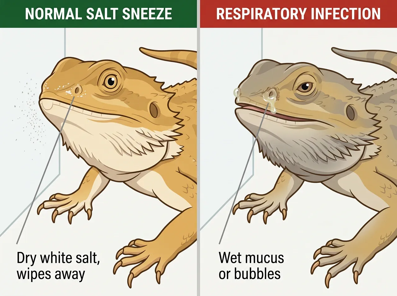Comparison of dry white salt around a healthy bearded dragon's nose and wet mucus on an infected dragon's nostril