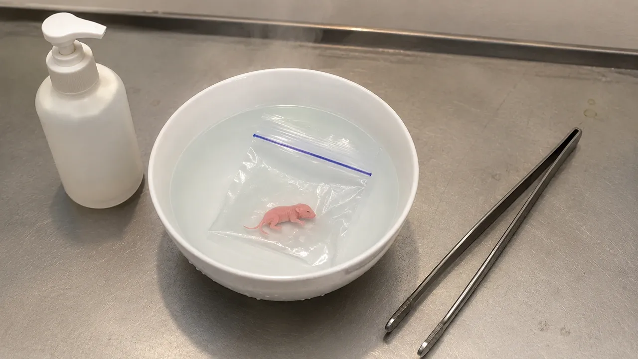 Frozen pinky thawing sealed in a bag in warm water on a utility surface away from food