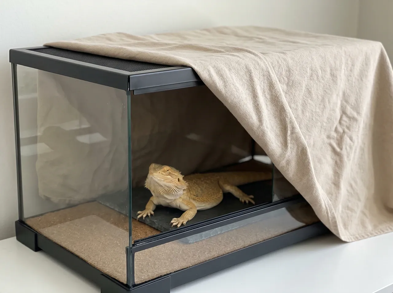 Light towel draped over part of a glass enclosure with the front left open, a calm bearded dragon settled in the shaded section