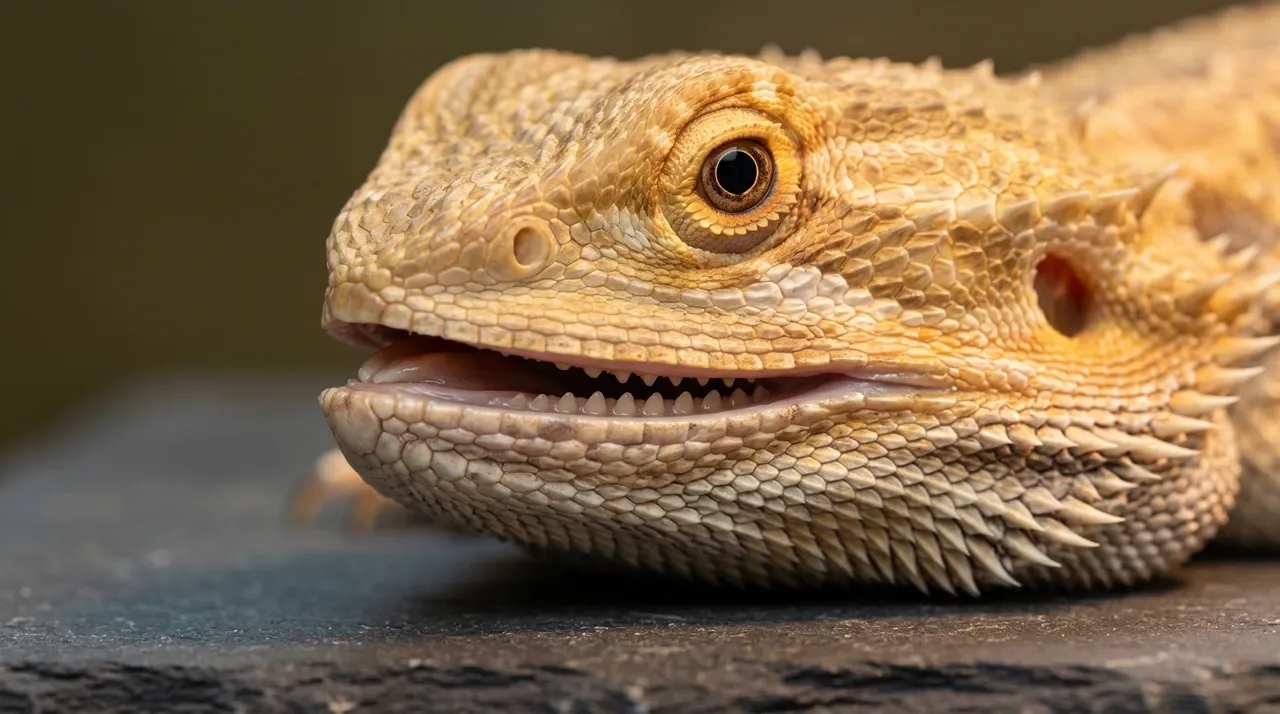 Adult bearded dragon with mouth open showing the small sharp teeth in a row along its jawline