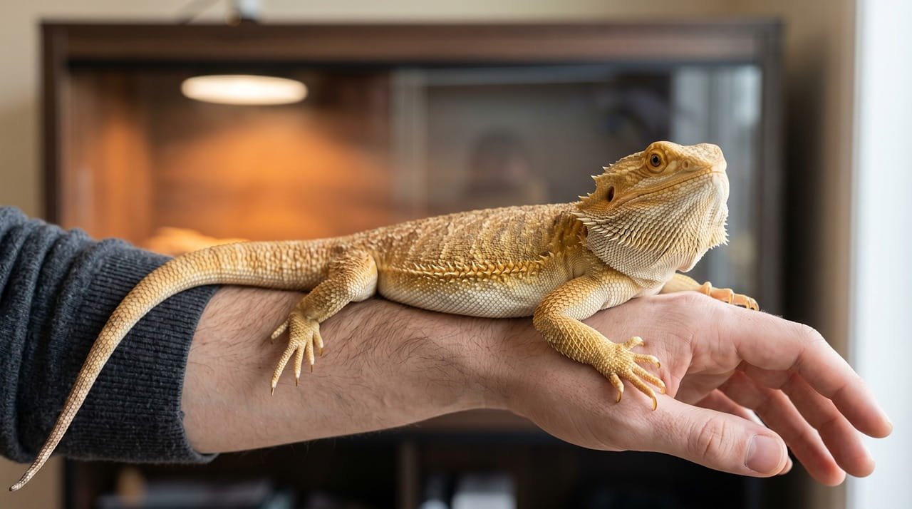 Calm adult bearded dragon resting on its owner's forearm with a warmly lit enclosure in the background