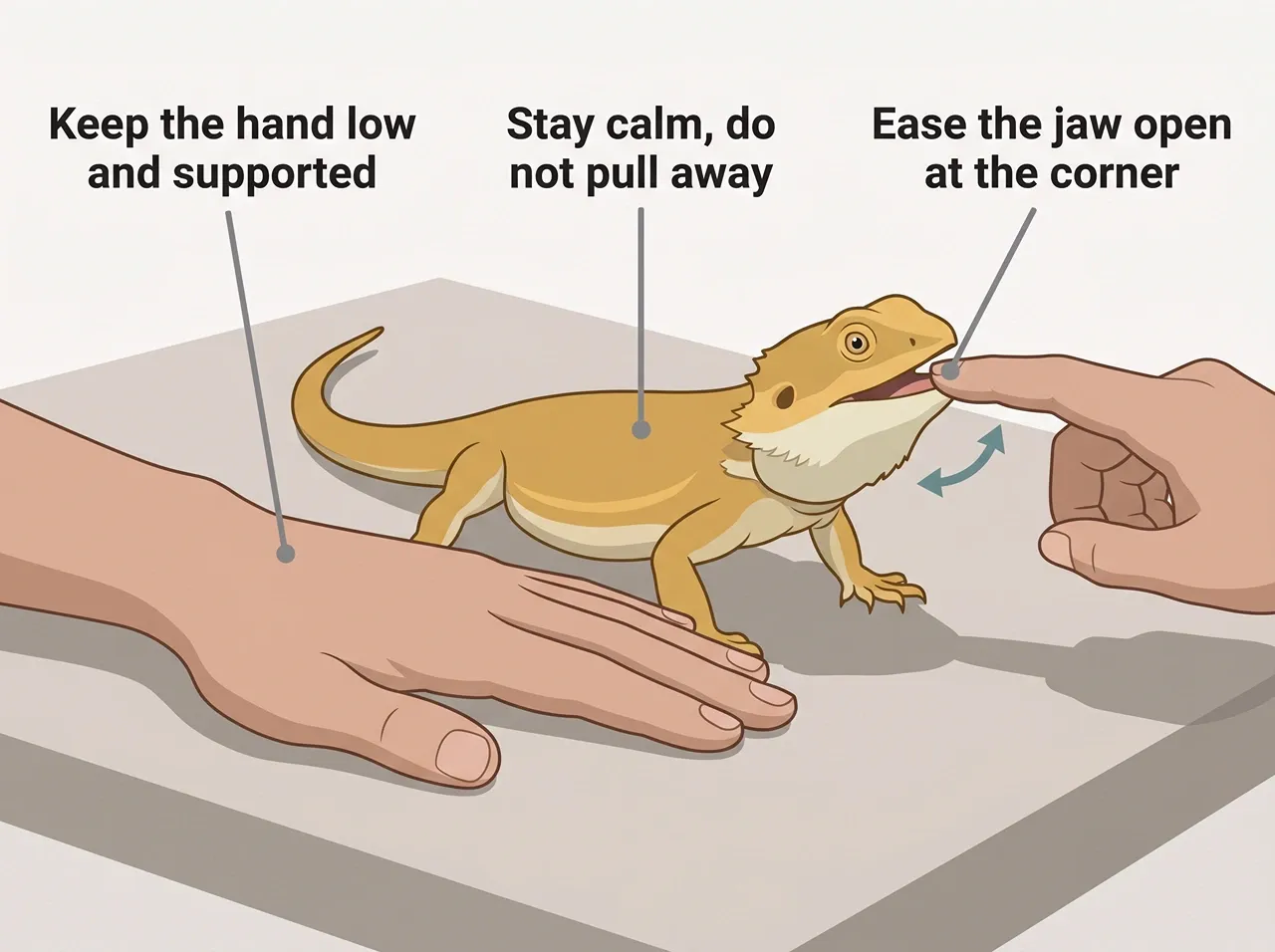 Illustration showing how to free a bearded dragon bite by keeping the hand low and easing the jaw open at the corner