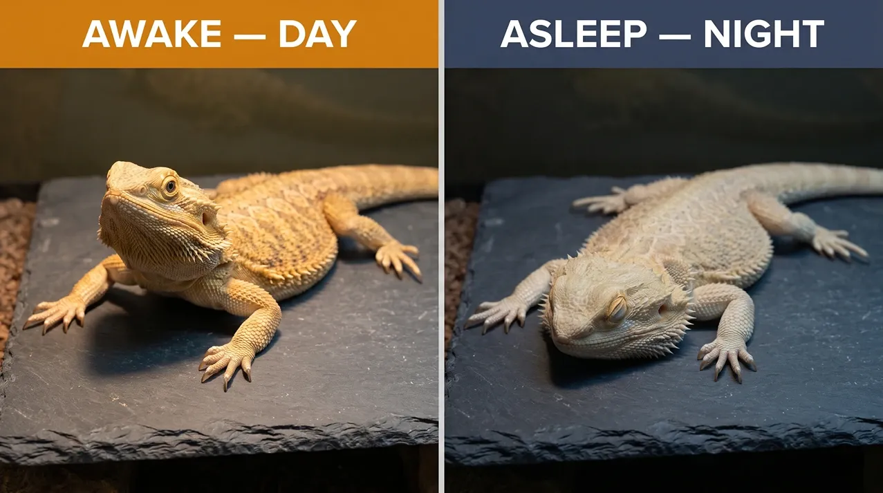 Side-by-side comparison of a bearded dragon awake with tan colouring and asleep with pale washed-out colouring