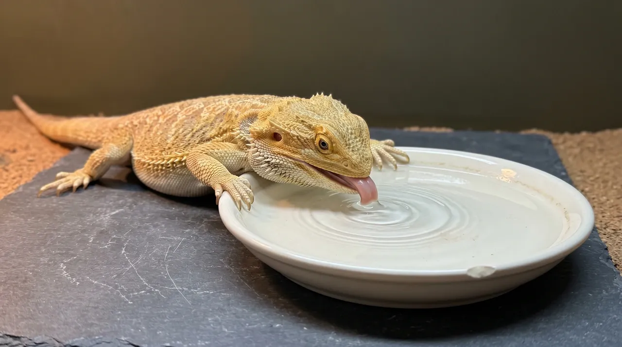 Adult bearded dragon drinking from a shallow ceramic dish as ripples spread across the water surface